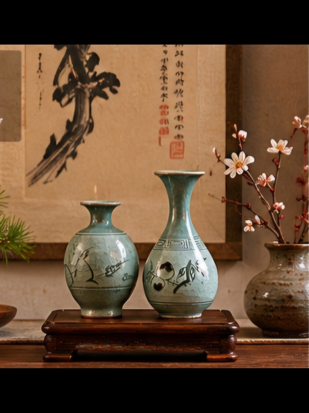 Vintage Signed Korean Celadon Miniature Vase Set Pair Inlaid Crane Ceramic
